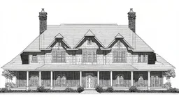 A front elevation fine line drawing of a fantasy Tudor farmhouse.