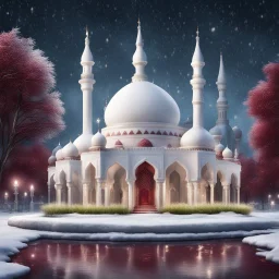 Hyper realistic Outside White Mosque with grass patches & maroon Minarets & frozen water fountain at snowfall night