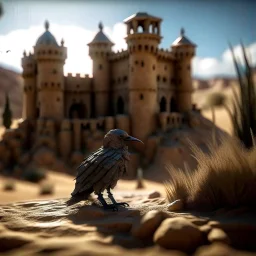 man bird in castle in the desert, photo-realistic, shot on Hasselblad h6d-400c, zeiss prime lens, bokeh like f/0.8, tilt-shift lens 8k, high detail, smooth render, down-light, unreal engine, downlight