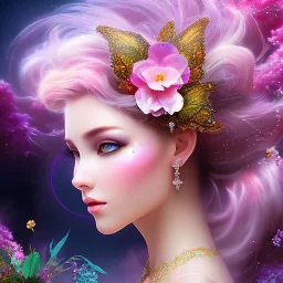 beautiful fairy within a flowery dreamscape, soft pastel colors, soft lightning