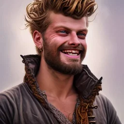 Portrait of Yung Gravy as a ruggedly handsome but joyful roguish pirate, charismatic, attractive male, masculine, perfect, precisely detailed face, meticulously detailed multi-hued curly hair; fantasy, intricate, elegant, highly detailed, digital painting, artstation, concept art, matte, sharp focus, illustration, art by artgerm and greg rutkowski and alphonse mucha