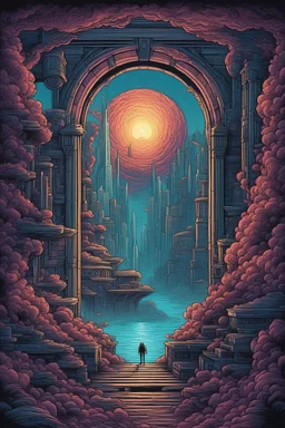 artistik city ,reminiscent of the style of artist Dan Mumford and art station. This image is a fantastical mix of comic and pop art influences, depicting an epic composition opening a portal to another realm. The details are immaculate, with each eye and power, while the aura surrounding it crackles with dark energy. The colors