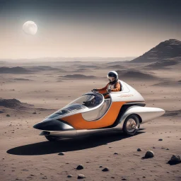 They ride a retro space scooter, gliding across the lunar terrain, adding a touch of nostalgic charm to their plight. The sleek metallic vehicle effortlessly cuts through the moon's low gravity, with the twin women holding onto each other, their bodies pressed close, as they navigate the barren landscape. The scooter's vintage design contrasts with the futuristic surroundings, evoking a sense of adventure and freedom. They zoom past craters and lunar rocks, their laughter echoing through their h