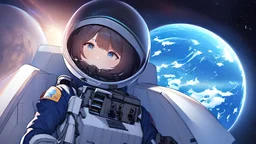 Female Astronaut looking out into space from a small window on her spaceship, in the style of Perfect Blue, Somber, beautiful planets, stars, inside of the spaceship, viewing from behind