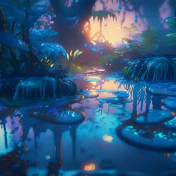 fantasy jungle at sunset, puddles on ground, covered with glowing blue slime, photorealistic, unreal engine 5, masterpiece, trending on artstation, sharp focus