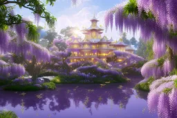 a magical crystal flower wisteria pink gold house palace in the woods, magnolias pink,blue lake,sun,white swanns,pink vertical, blue lake,sharp, vines, candlelit, endor, ornate, elegant, highly detailed, artstation, concept art, smooth, sharp focus, illustration, 8k, splash art, wallpaper, key visual