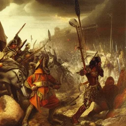 Priest smiting demonic Warlord,armies battling in the background, romanticism.