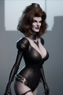 Rene Russo as evil queen in black leather, busty, cleavage, angry, stern look. character design by fenghua zhong. unreal engine 5, artistic lighting, highly detailed, photorealistic, fantasy