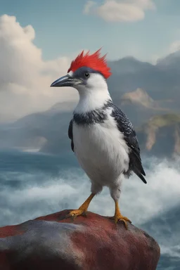 full body, head to toe, 3D, an anthropomorphic woodpecker, with short, pixie-cut, (((red hair))) tapered on the sides - full color - 32k, UHD, 1080p, 8 x 10, glossy professional quality digital photograph - raging sea and mountains and a ship in the background, historic, powerful, exquisite detail, sharp - focus, ((skin details, high detailed skin texture))