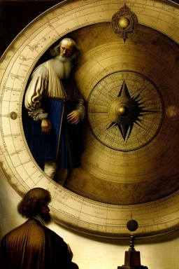 Merlin and DaVinci discussing astronomy while looking at an astrolabe , Rembrandt , masterpiece, oil + tempera, fine thin