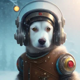 Cyberpunk Portrait of cyborg dog child with brown hair and with cute face, north pole snowy vibe , perfect composition, hyperrealistic, super detailed, 8k, high quality, trending art, trending on artstation, sharp focus, studio photo, intricate details, highly detailed, by greg rutkowski