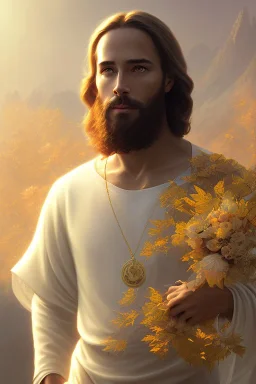 Jesus portrait , detailed hands, at dawn by atey ghailan, golden light , white robe, holding leaves and flowers , angels background, volumetric light, high detail, red leaf tree, mountains in background, perfect