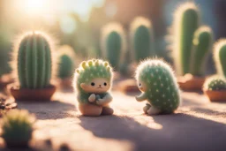 cacti garden, two cute fluffy chibi creatures, one kneeling and planting cacti, the other watching with arms folded in sunshine, ethereal, cinematic postprocessing, dof, bokeh