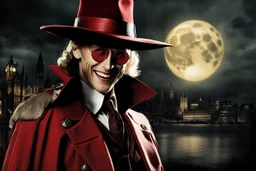 Action shot of Tom Hiddleston as Alucard from the live action "Hellsing" movie based on the anime of the same name. He is wearing his signature red hat and yellow glasses, while laughing in the moonlight.