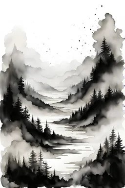black and white watercolor drawing The haze