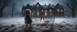 Hyper Realistic closeup view of a broken glasses with a child standing on the field behind a huge dark mansion with dry old tree at a foggy snowfall night