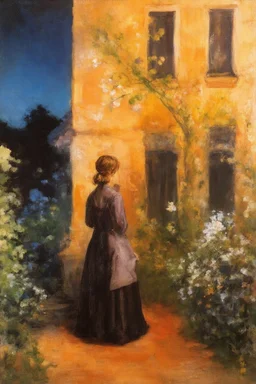 Night, vegetations, flowers, one woman, distant house, mistery, gothic horror films influence, hans thoma, and george iness paintings