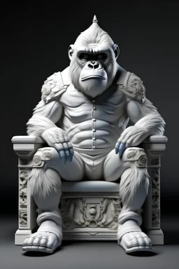 anthropomorphic gorilla emperor in a white uniform with jacket and pants sitting on a throne