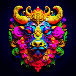 logo design, complex, trippy, bunchy, 3d lighting, Buffalo, highly detailed face,, colorful floral scarf, cut off, ancient, symmetrical, papercut