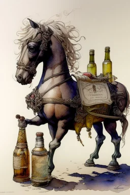 A rocking horse and bottled drinks by Jean-Baptiste Monge, watercolour and ink, extremely detailed, crisp quality, very attractive, fantastic view, award winning in sunshine