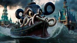 kraken octopus mickey mouse hybrid, photorealism, horror, evil, hungry, high resolution, attacking the liberty square riverboat at disney world