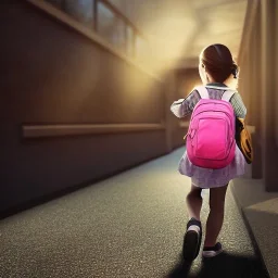 a cute little girl who is around the age of 6 years ago caring her school bag as she is on her way to school , dramatic, dramatic lighting, volumetric lighting, hyperrealism, 8k, high quality, photorealistic, lot of details