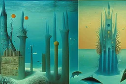 an underwater city with coral towers by "Leonora Carrington" and "Max Ernst"