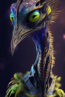 Bird giraffe lizard humanoid alien fused ,realistic, intriacte detail, sci-fi fantasy style, volumetric lighting, particales,highly detailed,cinamatic, deep colours