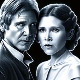 old carrie fisher embracing harrison ford in star wars, waist up portrait, photorealistic faces, intricate, oil on canvas, masterpiece, expert, insanely detailed, 4k resolution, cinematic smooth, intricate detail , soft smooth lighting, soft pastel colors,