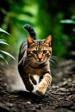 A Cat running very fast in the jungle, front shot, close up, National geographic style, motion blur, sharp focus, 32k