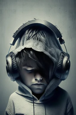 Cute boy with hidden face with music