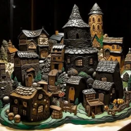 A black Japanese village made out of gingerbread with a hidden temple painted by Pablo Picasso