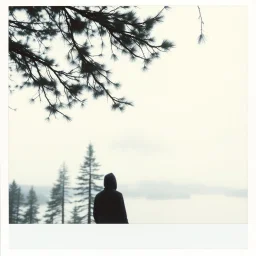 A polaroid photo of a group of fir trees in the background and a high hill in the distance. A lake. The surface below is in a pastel color. Odd dark person. Fog is present.