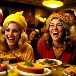 Comedy movie shot, happy, hot, ultra realistic, dine, horns, ultra realistic hot blonde women, party, pieces of meat, organs, ail, dynamic, very excited people, hypermaximalist figures, light, 1970's Italian comedy movie, lively, ornate, 4k, photorealism