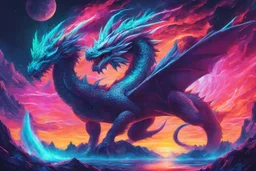 Dragon in a vibrant synthwave dreamscape, neon chaos swirling energetically around pixelated forms, a dynamic fusion of retro gaming nostalgia and futuristic abstraction