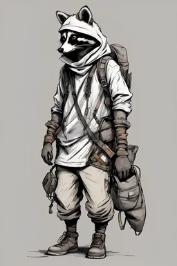 full body of an anthro raccoon thief, hooded, big backpack, post-apocalyptic, concept art sketch, blank background