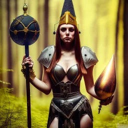 portrait cute female gladiator in gown and witch hat, holding big black metal ornament symbol bomb, in blurry golden forest