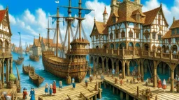 gothic medieval wooden harbour with piers and ships, people, shops, bridges, arches, balconies, taverns, blue sky