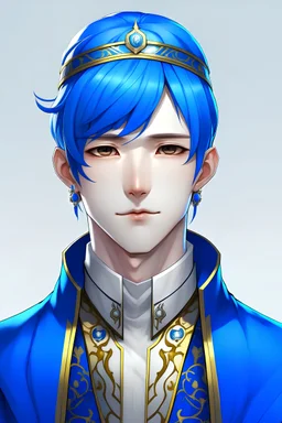 A white-skinned Korean person with blue hair, black eyes, and wearing a royal outfit HUMAN