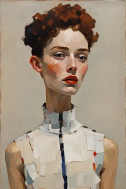 Euan Uglow oil impasto painting Portrait of beautiful female supermodel in egon schiele futuristic outfit