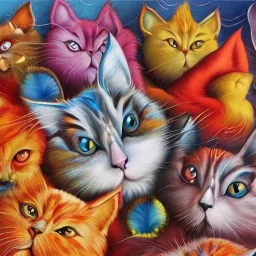 prompt, Fantasy harlequin cats by Louis Wain, by Catherine Abel, by Gediminas Pranckevicius, fantasy, oil on canvas, beautiful, high details, ultra detailed, crisp quality, colourful, high definition