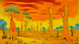 Orangish yellow bony wastelands with dry trees designed in Moai statues painted by Paul Ranson