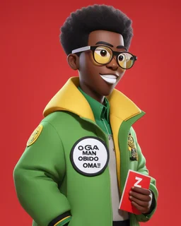 A 3D animated character with a round face, prominent eyes, and a small, protruding tongue. He is wearing glasses, a green jacket with a yellow collar, and a badge on his jacket that reads 'IKENGA Obodo Oma!'. He holds a black signboard with white text that reads 'OGA MAN COMEDY'. The character is positioned against a red background.