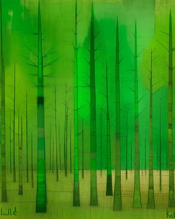 A green forest with giant trees painted by Paul Klee