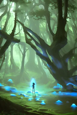 A teenage boy standing in the middle of the forest with wide eyes found a magic stone that glowed bright blue among the shady trees