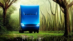 A Tesla semi-truck is parked, in a jungle of the Jurassic Period. CINEMATIC. WIDE ANGLE LENS. PHOTO REAL.