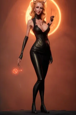 Brandi Love in black leather gown, evil, busty, cleavage, curvy, angry, happy, stern look. character design by cory loftis, fenghua zhong, ryohei hase, ismail inceoglu and ruan jia. unreal engine 5, artistic lighting, highly detailed, photorealistic, fantasy