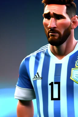 Realistic Messi Argentina soccer player Portrait, mid shot view, angry, concept art, art station, 3d, photo studio, blue clean background, unreal engine 5, ray tracing, RTX, lumen lighting, ultra detail, volumetric lighting.