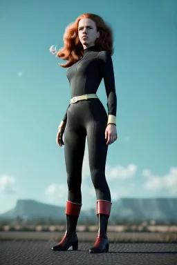 retro portrait image from 1960, sky background, wind, long red hair, fighting stance, sweet young Scarlett Johansson, black dress, classic long tight lycra black suit, gold bracelet and belt, high heel boots, superhero style, soft color, highly detailed, unreal engine 5, ray tracing, RTX, lumen lighting, ultra detail, volumetric lighting, 3d, finely drawn, high definition, high resolution.