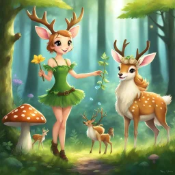 Fiona the faery has fun and kisses Deery the deer] [ow tasty these mushrooms are " we are now all dancing all the way to the village: We are laughing loud and loving nature and animals. This is a so great adventure for a ranger: being the Lover of the forest!]